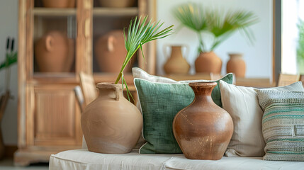 Fototapeta na wymiar Modern living room interior design of a farmhouse. Close-up of a wooden cabinet containing clay vases and a sofa with green and beige pillows.
