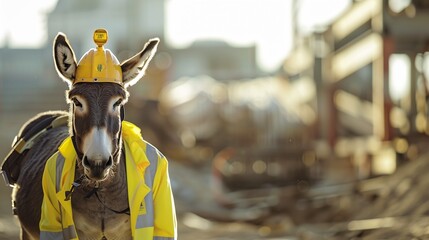 Against the blurred outlines of a construction site, a donkey in a safety jacket and yellow helmet stands alert, epitomizing the essence of World Safety Day. - obrazy, fototapety, plakaty