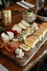 A wooden board with a variety of cheeses and crackers