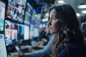 A woman is looking at a computer screen with many monitors