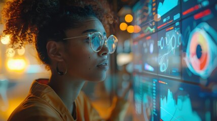 A woman wearing glasses is looking at a computer screen with a lot of graphs