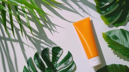 Sunscreen product on white background with green leaves protecting from sunlight.