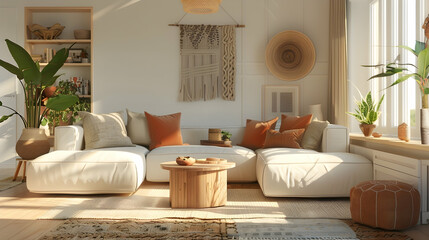 Fototapeta na wymiar Modern living room with a bohemian interior style. Cover the sofa with beige and terracotta pillows.