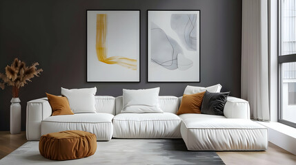 Modern living room with a bohemian interior style. White corner sofa with two posters on the wall and pillows in a dark mustard colour.