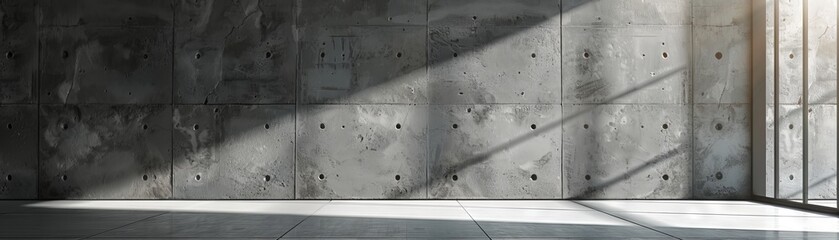 Sunlit concrete wall with shadows and geometric panels
