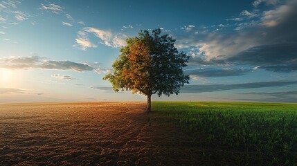 Climate change, A drying tree with air pollution and green grass with beautiful sunlight sky metaphor world nature disaster and global warming concept.