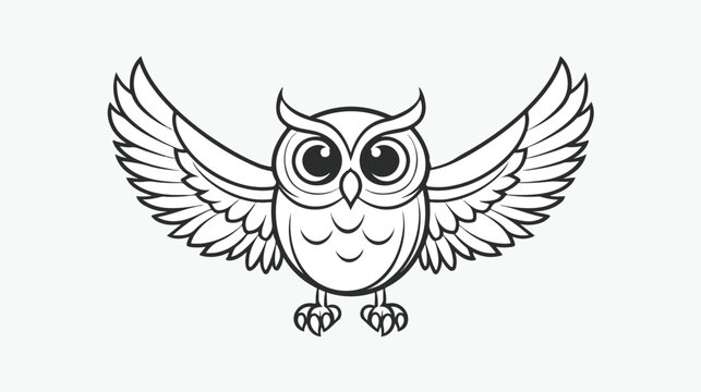 Owl black line illustration on white background flat