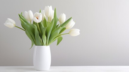 a White spring tulips in a vase on a white