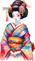 Colorful Geisha in Vibrant Kimono Watercolor Clipart Isolated
