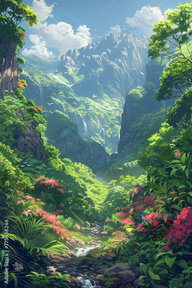 Poster a lush green forest with a river running through it