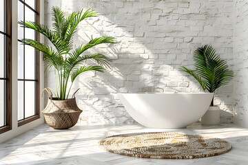Modern Bathroom With Large White Bathtub and Two Plants