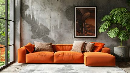Modern living room with minimalist interior design. Bright orange sofa with poster on stucco wall and stone floor next to window.
