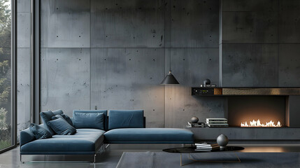 Modern living room with minimalist interior design. Blue sofa with copy space next to fireplace against concrete wall. - obrazy, fototapety, plakaty