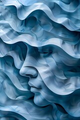 A tranquil face emerges from a serene sea of blue waves, creating a soothing and ethereal abstract sculpture.