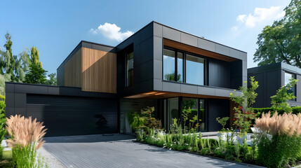 Modern, luxurious, minimalist cubic home; villa featuring black panel walls, front yard landscaping...