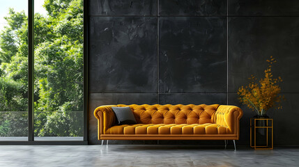 Mustard-colored sofa with tufting next to a floor-to-ceiling window facing a black concrete wall. Modern living room interior design of loft home. - obrazy, fototapety, plakaty