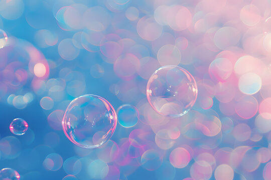 a bunch of soap bubbles floating on top of a blue and pink background with a lot of bubbles floating on top of the bubbles and a blue and pink blurry background.