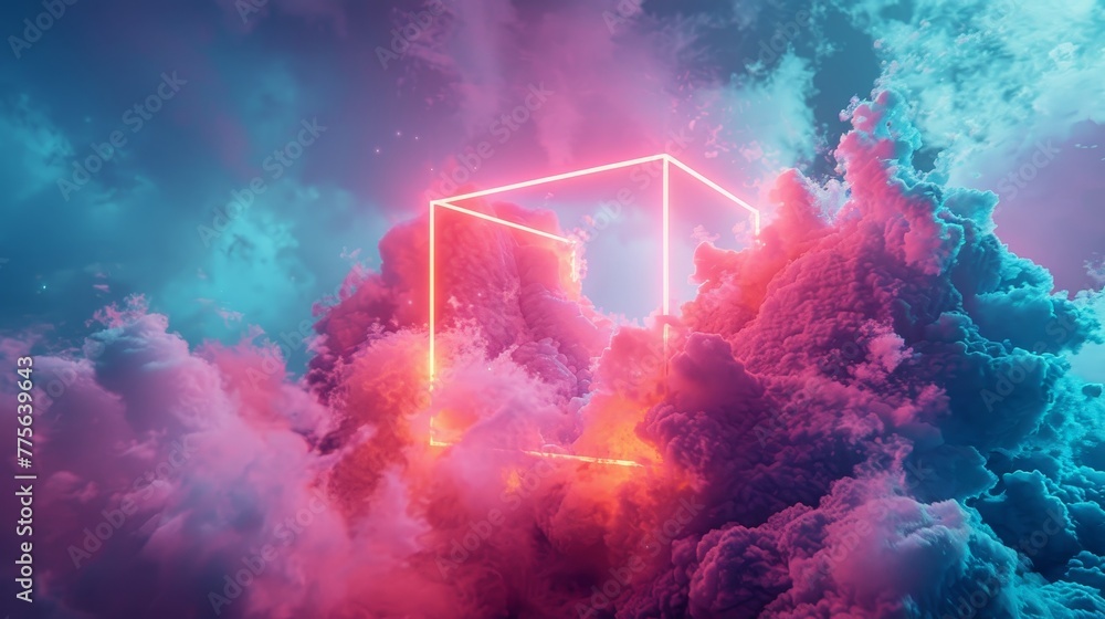 Aufkleber 3d render of a colorful cloud with glowing neon in the shape of a cube
