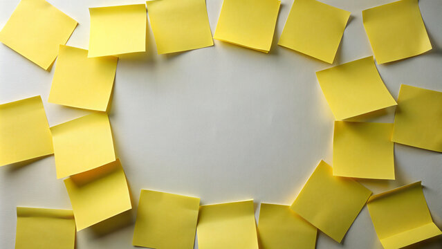 Yellow sticky notes on blank Board with various messages and reminders