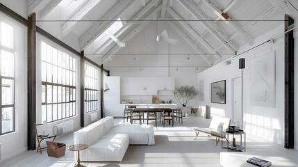 Scandinavian interior design for a contemporary loft living area featuring lined ceiling