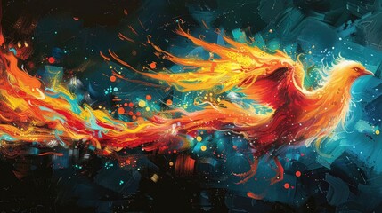 Digital art of a majestic phoenix in flight against a cosmic backdrop. - obrazy, fototapety, plakaty