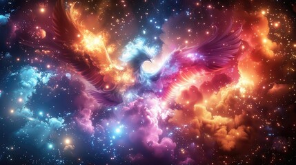 A celestial bird with vast wings embracing a cosmic scene of stars and clouds. - obrazy, fototapety, plakaty
