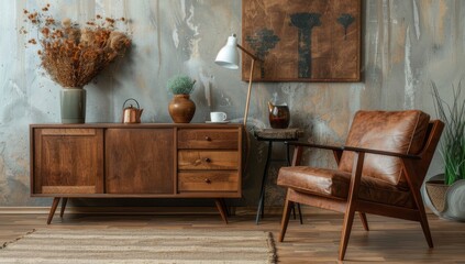 A modern living room interior with a wooden floor and concrete wall background
