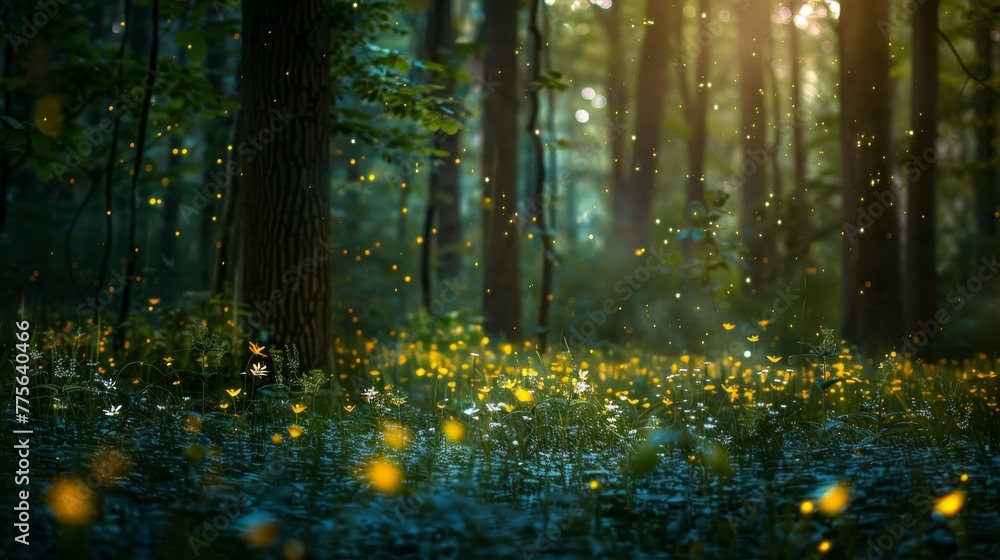 Poster a mesmerizing scene of fireflies creating a natural light show in a forest as dusk settles in.