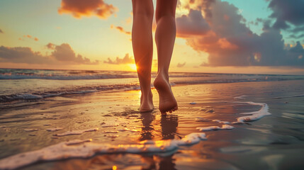 Pair of beautiful woman feet walking on beach at evening, sun over the horizon with golden yellow color, waves touching feet with small bubble, close up portrait