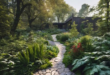 Garden-jungle-style behind the house with a mix of plant species and natural walkways, generative ai art