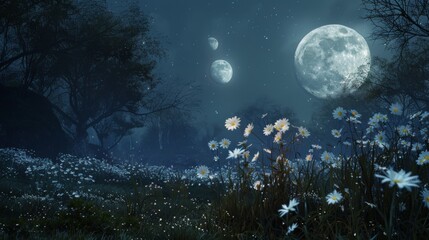 Fototapeta na wymiar A mystical night scene with a full moon illuminating a forest glade scattered with delicate white flowers.