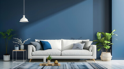 Scandinavian modern living room interior design using a blue wall in the house.