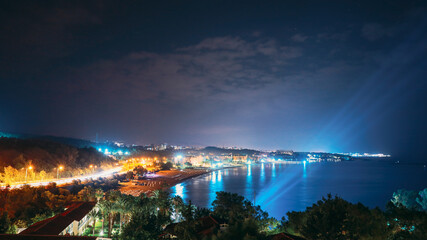 Popular Touristic Coastline. Turkish Riviera Or Turquoise Coast. Night View On Hotels Mediterranean...