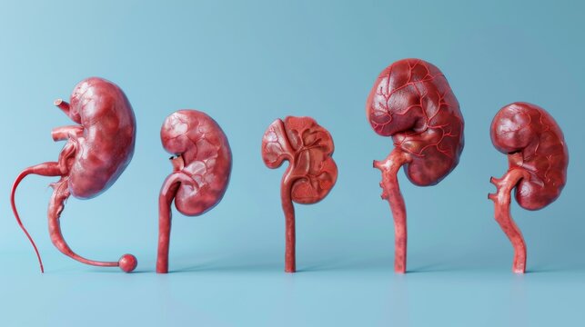 This series of 3D rendered kidneys showcases the stages of receiving a transplant, from removal to implantation, against a blue gradient background to emphasize progression.