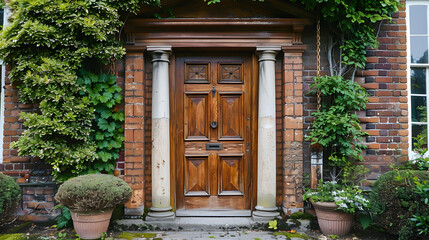 The front door of the house. Front wooden door with landing and gabled porch. Column-adorned exterior of a cottage built in the Georgian style.