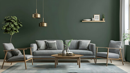 The grey sofa and green wall are complemented with a wooden coffee table and lounge chair. Modern living room interior design in a Scandinavian home.