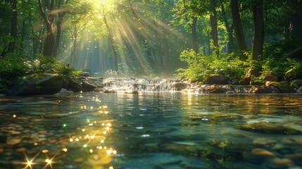 Woodland Clearing: Sunlit Peace Amidst Dense Forest - obrazy, fototapety, plakaty