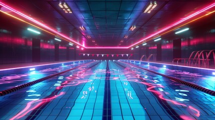 3D render of glowing neon swimming pool