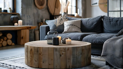 The round rustic wood table is next to the grey-plumed sofa. Modern living room interior design in a Scandinavian home.