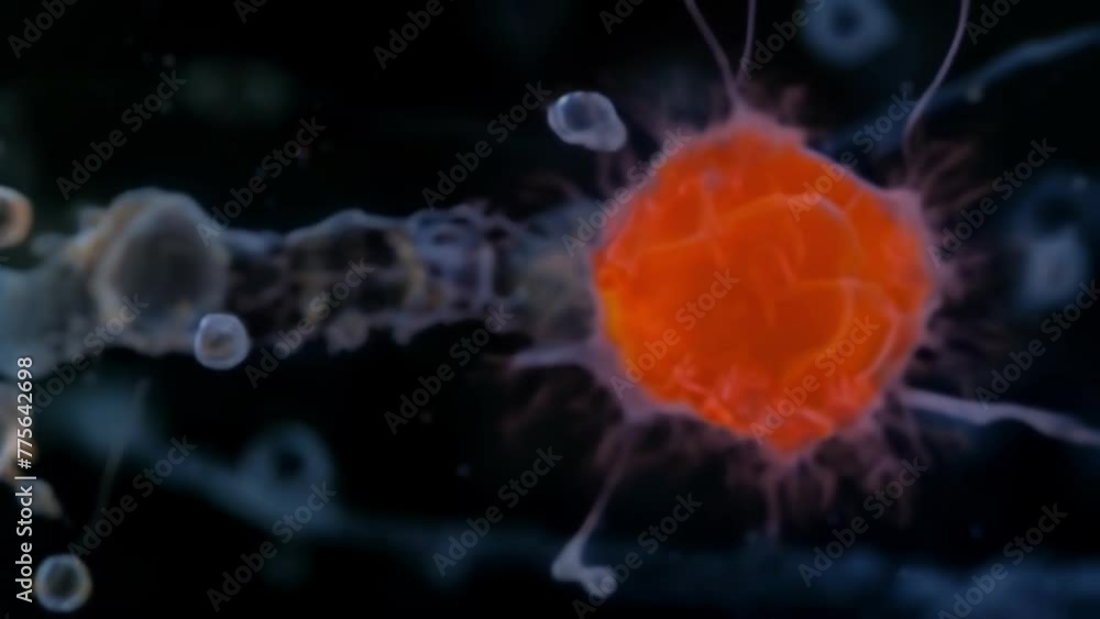 Poster a closeup of a cancer cell in the process of replicating displaying its characteristic abnormal shap