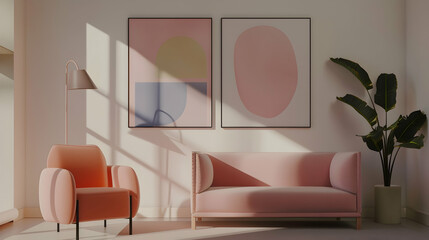Two mock-up frames of art posters are placed next to a pink sofa and chair. Interior design of a modern living room in the postmodern Memphis style