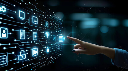 Title: "Digital Touchpoint"

Art Description: Hand interacts with digital icons on a dark background, showcasing AI integration in business software.