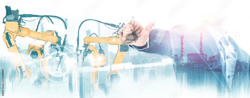 Poster xai mechanized industry robot arm and factory worker double exposure. concept of robotics technology