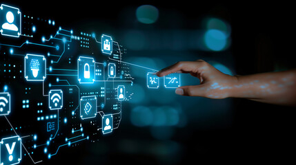 Title: "Digital Touchpoint"

Art Description: Hand interacts with digital icons on a dark background, showcasing AI integration in business software.