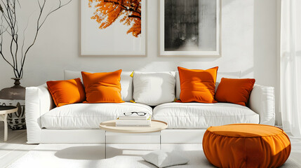 White sofa and vivid orange pillows in a modern living room with a bohemian interior style.