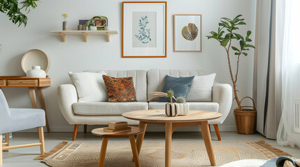 White sofa next to a round wooden coffee table against a poster-framed wall. The trendy living room in a Scandinavian-style home.