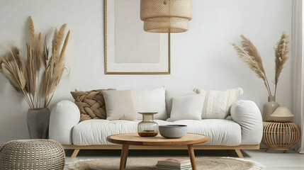 White sofa next to a round wooden coffee table against a poster-framed wall. The trendy living room in a Scandinavian-style home. - obrazy, fototapety, plakaty