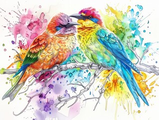 Exotic birds vivid watercolor coloring page