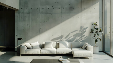 White sofa next to wall with concrete panelling. Modern living room interior design of a minimalist loft urban dwelling.