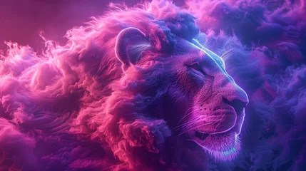 Foto op Canvas A 3D render of a colorful cloud with glowing neon in the shape of a majestic lion © MAY